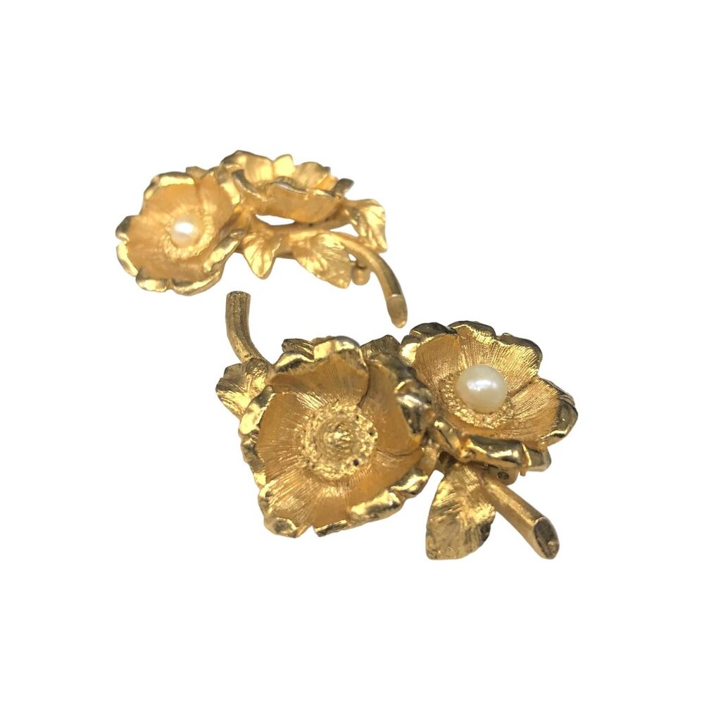 Pair Vintage BSK Gold and Pearl Flowers Brooch, Cherry Blossoms Scatter Pins